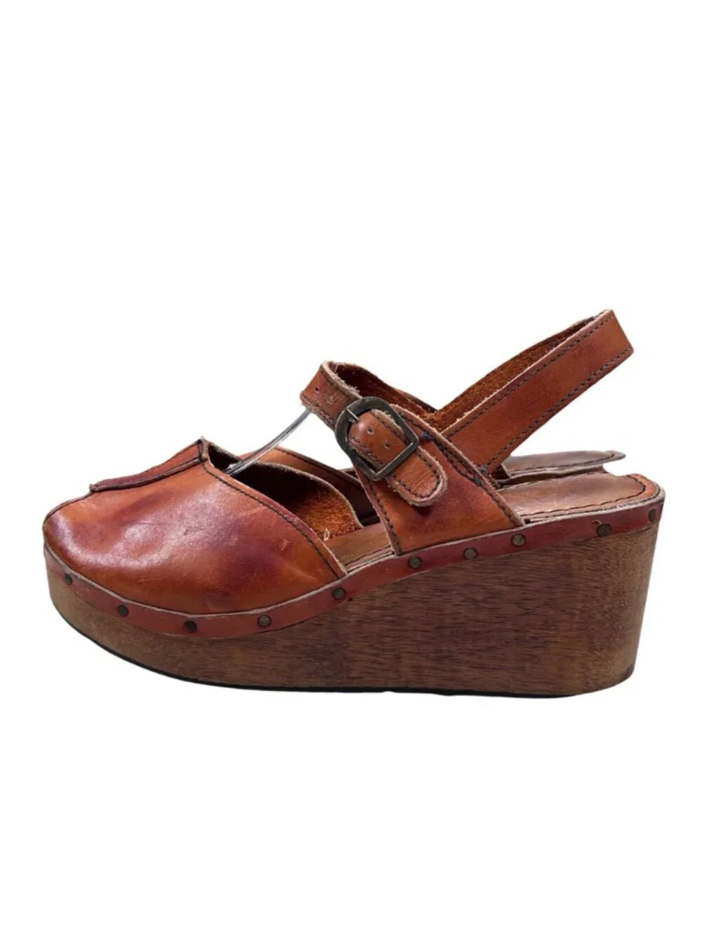 1970s Larks Brazil 9 Brown Leather Wedge Platform Clog Sandal Vtg